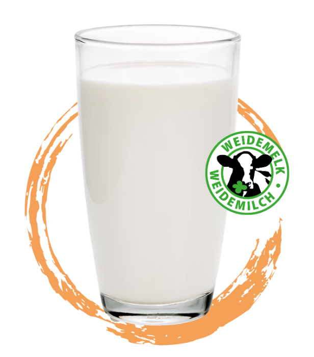 Ein Glas Milch mit dem Wiesenmilch-Symbol