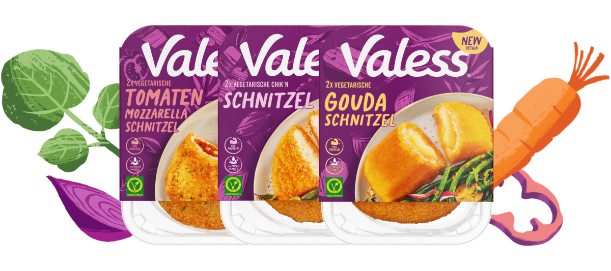 Produktpakete von Valess Vegetarische Tomaten Mozzarella Schnitzel, Valess Vegetarische Schnitzel, und Valess Vegetarische Gouda Schnitzel met Valess schwimmendes Gemüse