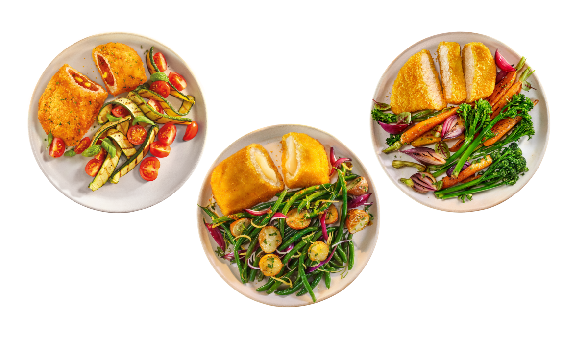 Mahlzeit Bilder von Valess Vegetarische Tomaten Mozzarella Schnitzel, Valess Vegetarische Gouda Schnitzel, und Valess Vegetarische Chik'n Schnitzel